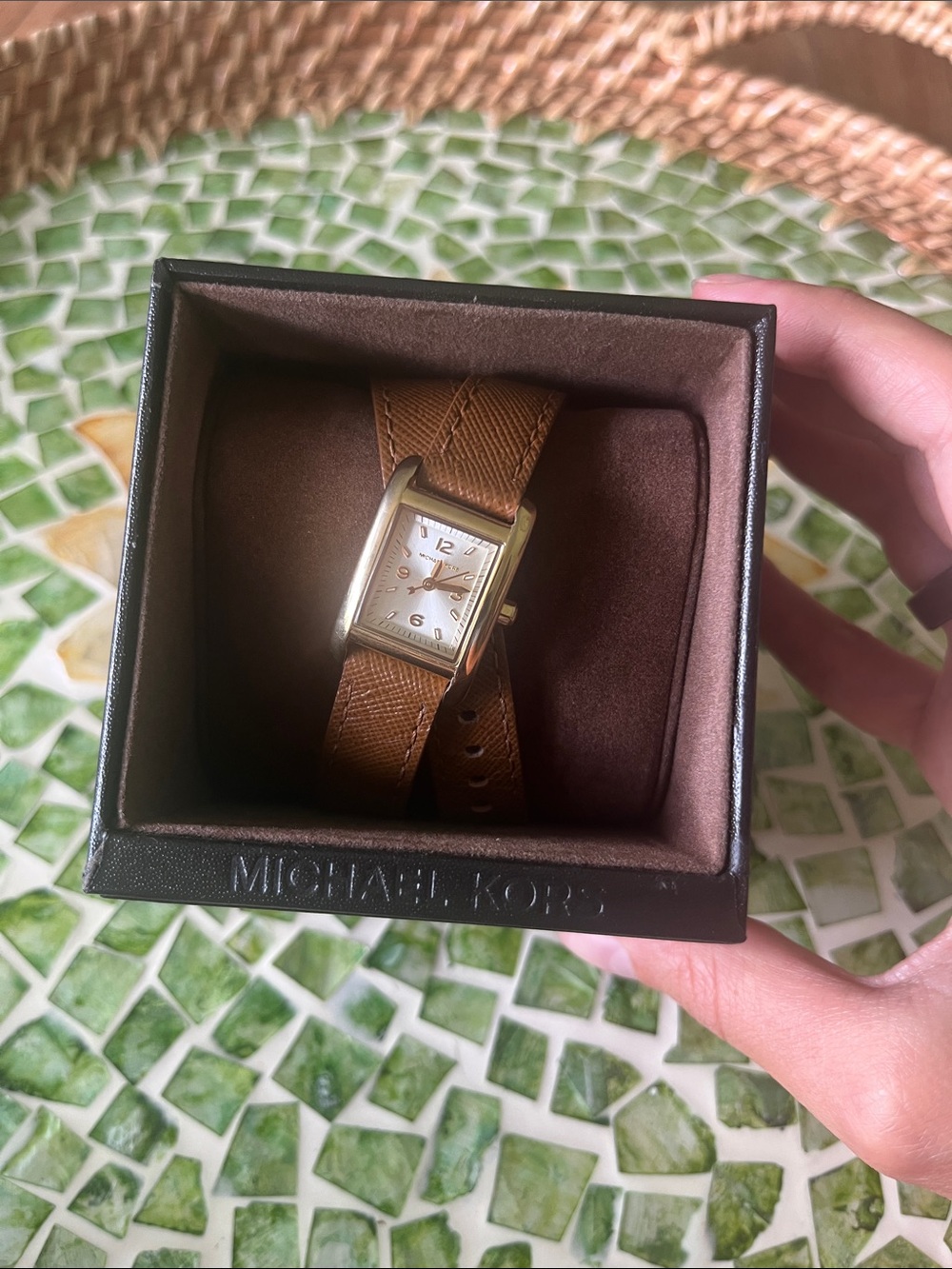 Michael Kors Gold-Tone Rectangle Watch with Brown Leather Strap